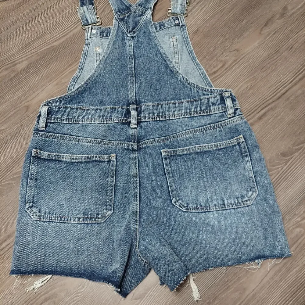 Refuge Women's Medium Stone Wash Distressed Raw Hem Denim Shortalls